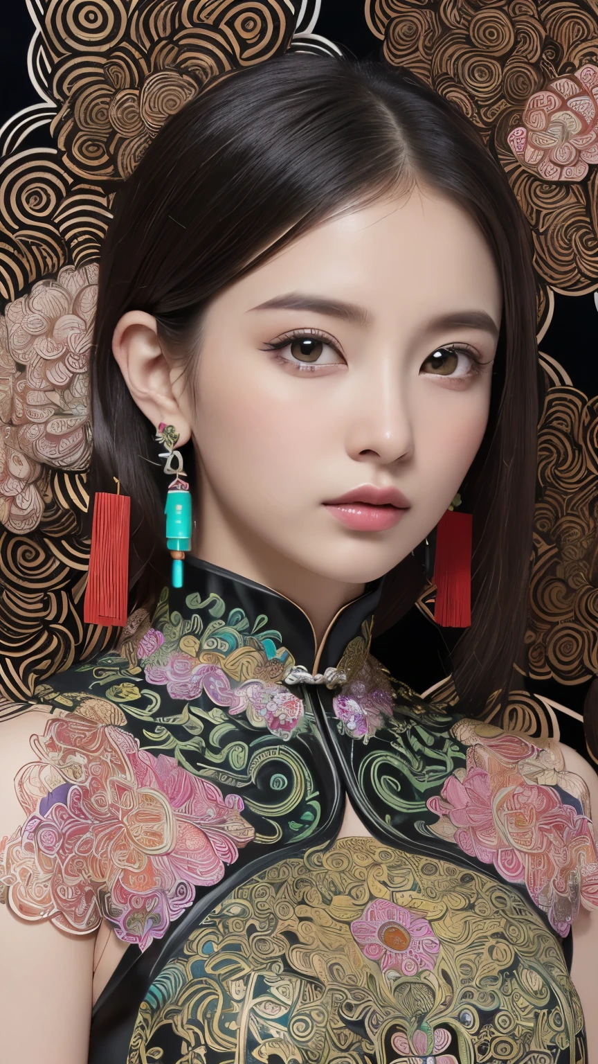 (masterpiece, highest quality, highest quality, Official Art, beautifully、aesthetic:1.2), (One girl:1.3), Very detailed,(Fractal Art:1.1),(colorful:1.1)(Flowers:1.3),Most detailed,(Zentangle:1.2), (Random Dynamic Model Poses), (Abstract background:1.3), (Black Chinese Dress:1.4), (Shiny skin), (Many colors:1.4), ,(Earrings:1.4),Big eyes,(A realistic version of Spirited Away&#39;s Yubaba:1.3),smile,whole body,whole bodyショット, (From head to thighs:1.4)