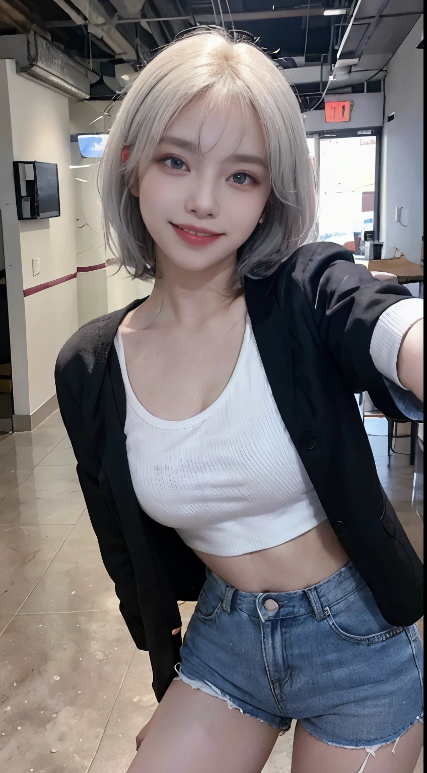 Best image quality、RAW Photos、超A high resolution、21 years old Korean、Small breasts、Dynamic Angle、Cowboy Shot、Chaos in its most beautiful form、elegant、Brutalist Design、Vibrant colors、Beautiful white hair、Short Bob、smile、fun、smile、Glowing White Skin、Beautiful eyes with random colors、Very thin lips、Beautiful eyes in every detail、length, Narrow eyes、Cheeks are pale pink、length eyelashes、Beautiful double eyelids、eye shadow、Bright white hair、Black cropped top、See-through jacket、See-through、hot pants、denim。city、Photographed from diagonally above、Selfie、