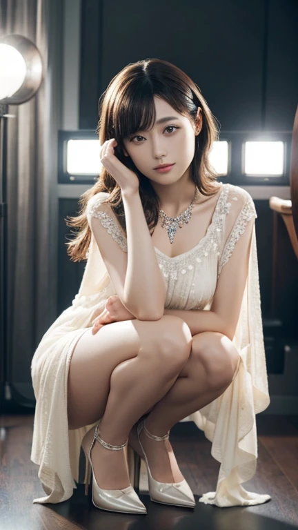 最high quality, masterpiece, High resolution, One Girl,whole body、dress,((High heels)),hair ornaments,necklace, jewelry,Beautiful Face,in addition_body, Tyndall effect,Realistic, Dark studio, Rim Light, Two-tone lighting,(Skin with attention to detail:1.2), 8K Ultra HD, Digital SLR, Soft lighting, high quality, Volumetric lighting, Frank, photograph, High resolution, 4K, 8k, Bokeh,