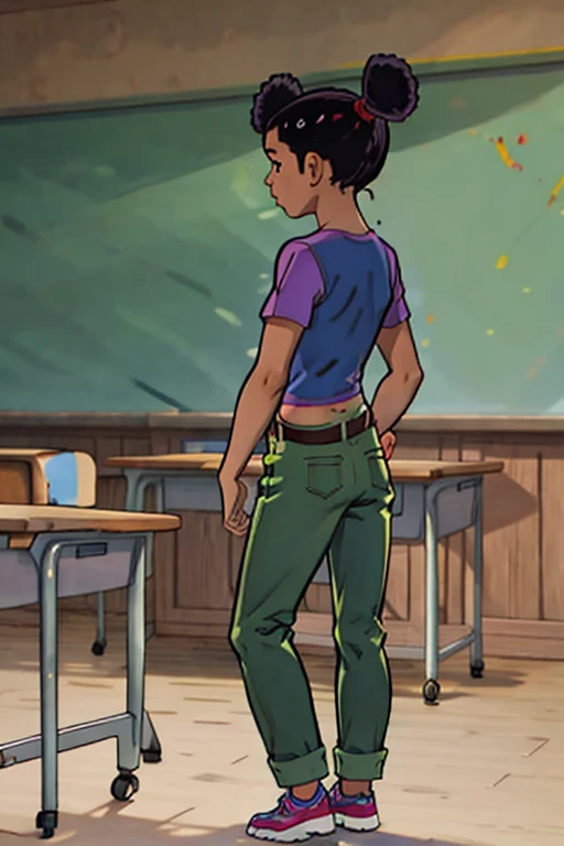 Trixie carter, dark-skinned female, double bun, black hair, belt, blue shirt, midriff, green pants, standing, on school, classroom, cartoon, standing by desk, flat torso, ass, back view