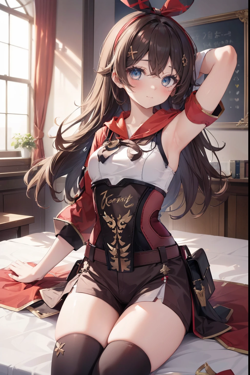 amber、blush,smile、Long Hair、Usual clothes、Combat Uniform、、The back is very small、Lolita、Small breasts、Show me your armpits、exterior: 14 years old、Shoulder Bicle is visible、Sexy thighs、Beautiful feet、Usual hairstyle、highest quality, High resolution, unity 8k wallpaper, (shape:0.8), (Beautiful and beautiful eyes:1.6), Highly detailed face, Perfect lighting, Extremely detailed CG, (Perfect hands, Perfect Anatomy),