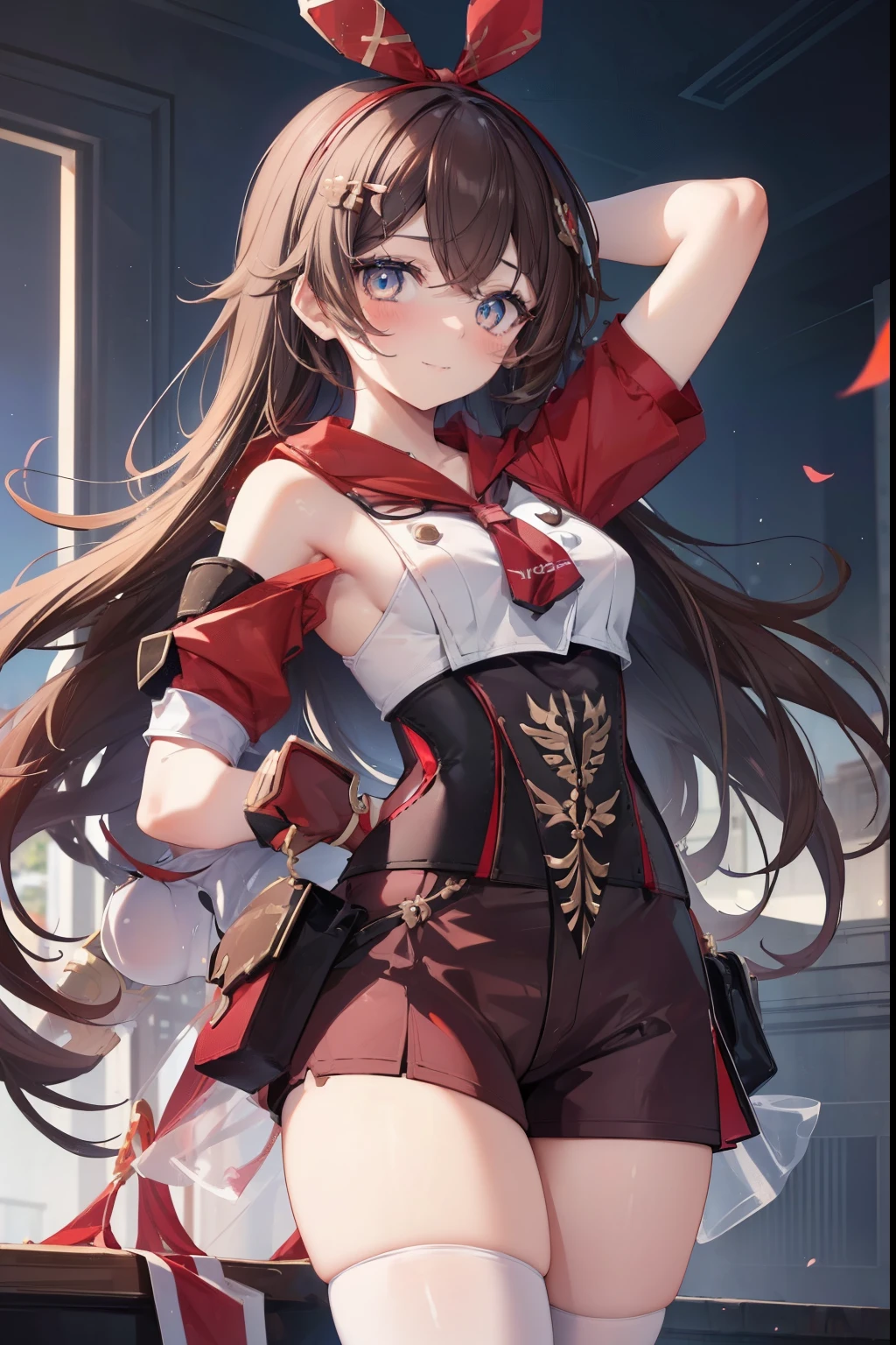 amber、blush,smile、Long Hair、Usual clothes、Combat Uniform、Primary school students、The back is very small、ta、Small breasts、Show me your armpits、exterior: 14 yulder Bare、The clavicle is visible、Sexy thighs、Beautiful feet、Usual hairstyle、highest quality, High resolution, unity 8k wallpaper, (shape:0.8), (Beautiful and beautiful eyes:1.6), Highly detailed face, Perfect lighting, Extremely detailed CG, (Perfect hands, Perfect Anatomy),