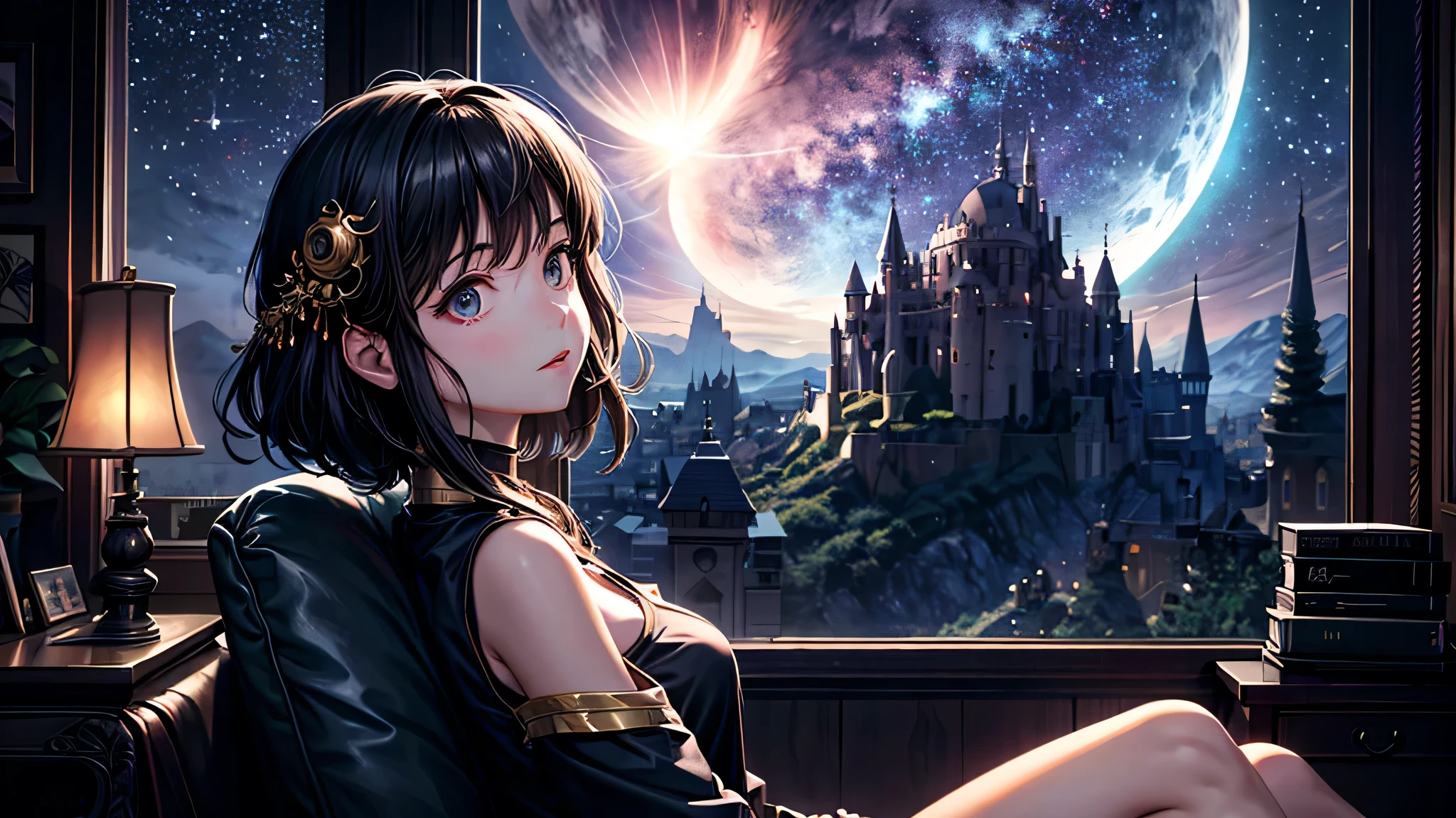 alone, Singular light, woman, midnight, face seen from the side, sideways, cosmic, fantsy, looking away:1.4, adult, busty, Ghibli-like design, living room, sitting, dark hair, studying, Completely, landscape orientation, side view,