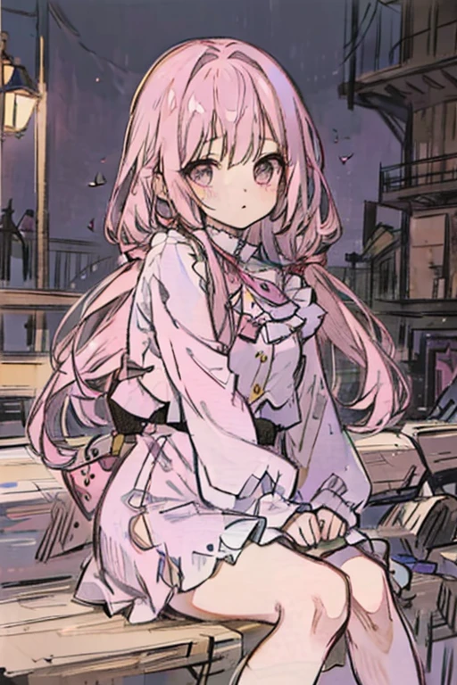 A pink haired woman with violet eyes with an hourglass figure in a cute lolita dress is sitting on a log at night