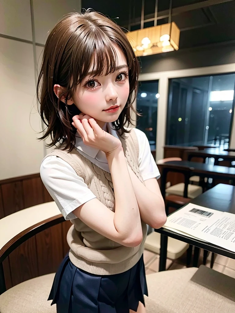 Masterpiece, Top Quality, Top Mikoto, brown eyes, short hair, small breasts, looking at viewer, alone, closed mouth, collared shirt, beige knit vest, dark blue Skirt, school_uniform, shirt, white_shirt, classroom,Masterpiece, highest quality, 8K, detailed skin texture, fine cloth texture, beautiful detailed face, intricate details, super detailed,cute,cute posing,composition that shows the whole body,