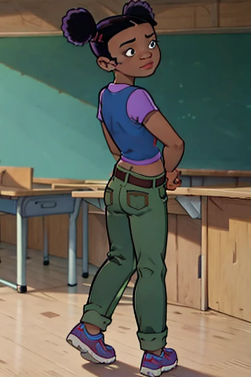Trixie carter, dark-skinned female, double bun, black hair, belt, blue shirt, midriff, green pants, standing, on school, classroom, cartoon, standing by desk, flat torso, ass, back view, bending over 