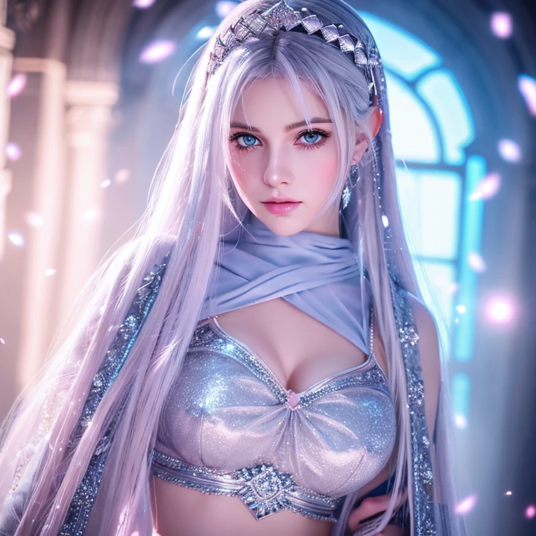 Snow-white skin、Ice Blue Eyes、Pink mesh and layered silver hair down to her waist、beautiful girl、Arabian princess、Anime Style, Lens flare, High detail, , Cinema Lighting, masterpiece, Super detailed, highest quality, 8k, Ultra-high resolution