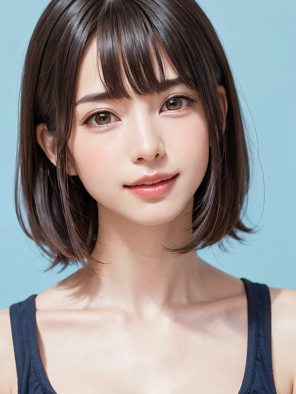 (software:1.8、masterpiece, highest quality),1 girl, alone, hyper Realistic, Realistic,Realistic, Looking at the audience, Light brown eyes:1.4,Brunette Short Bob Hair with highly detailed shiny hair, Black dress:1.4, Lepangas:1.4), Mouth closed, Upper Body、eyelash、Huge |Mega} whole :2, (((Add highlights to the eyes:1.4、Big 、Short Bob Hair、Glowing Skin:1.4、Looking at the audience、She is very 美しい and cute、Show me your ears、Beautiful long neck、smile、Close your mouth and smile、Bangs and beautiful teeth)))、Ideal body type、((Beautiful blue background:2、Simple blank e background:2、Very simple blue background:2))、Beautiful long neck:1.4、(((Portraiture:2、Face close-up:2、Face close-up:2)))、Perfect Anatomy、The background is an urban office