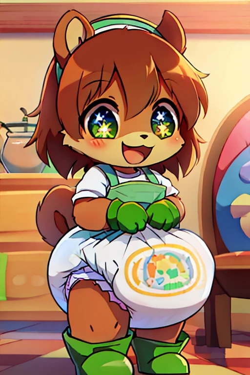 boy, squirrel, furry, bodyfur, smock, diaper, green gloves, green boots, chibi, happy, sparkling eyes, kindergarten