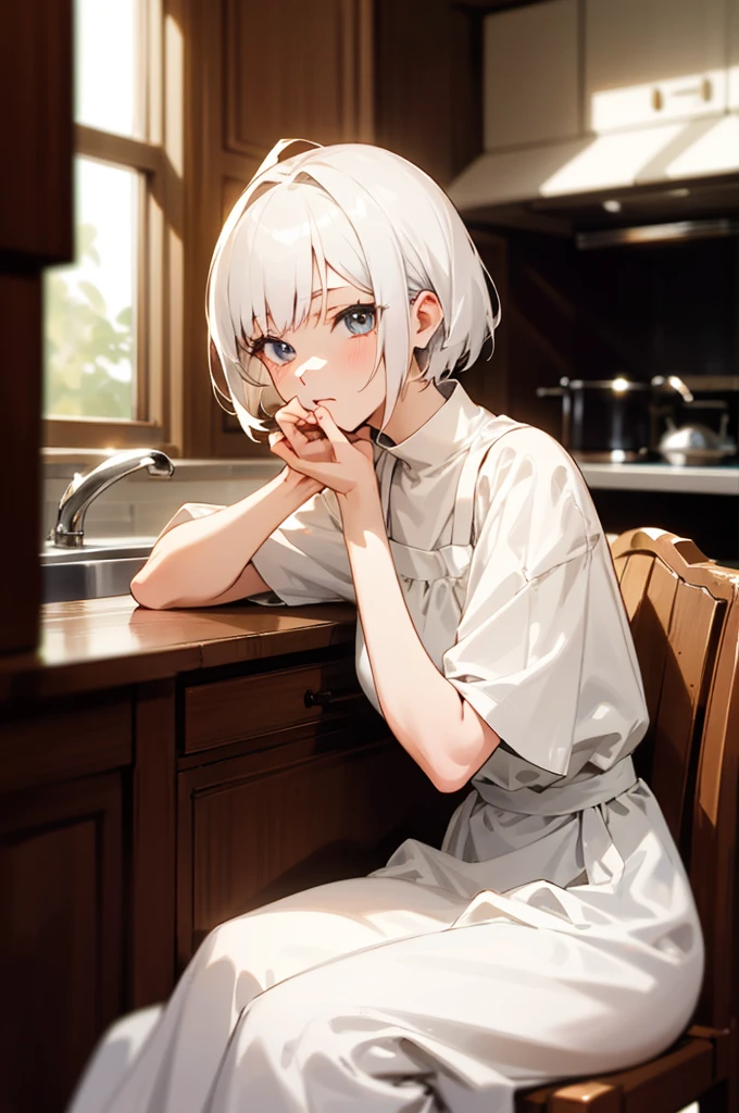 (highres) 1girl with short white hair sitting on a chair, (anime), detailed eyes, (extremely detailed) face, (warm lighting), wearing a white dress, her hand placed under her chin, (blurred foreground), (kitchen) background