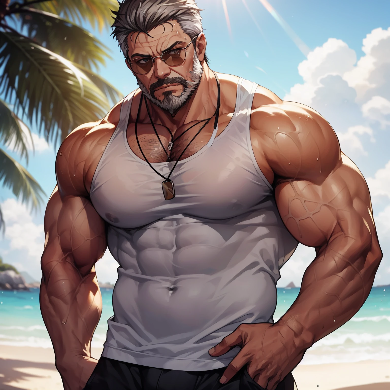 A handsome rich man at the beach, muito lascivo, imponente, Vista lateral, below pov, corpo inteiro, 50 years old, grey short hair , thick grey beard, dark oliva skin color, peitorais largos, peitorais enornes, hair chest, pose sensual, rindo do espectador, wearing a tight white tank top and a tight speedo, sunglasses, wet body, bare arms, big bulge, thick thights, Obra-prima maravilhosa altamente detalhada, beautiful cinematic light deep focus, elegante, Pintura digital, sementes, sharp focus, golden ratio, dramatic lighting, 8k