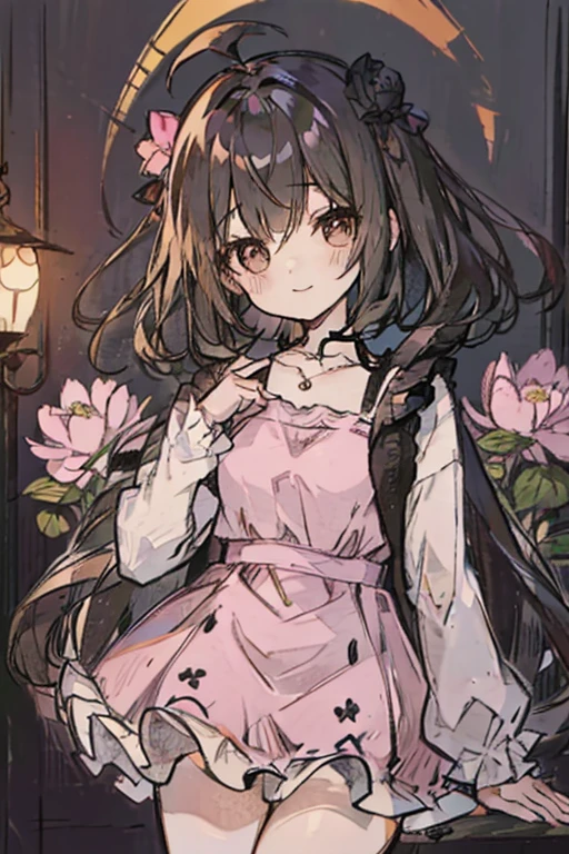 A black haired woman with brown eyes with an hourglass figure in a cute lolita dress is smiling with a peony in her hand at the night