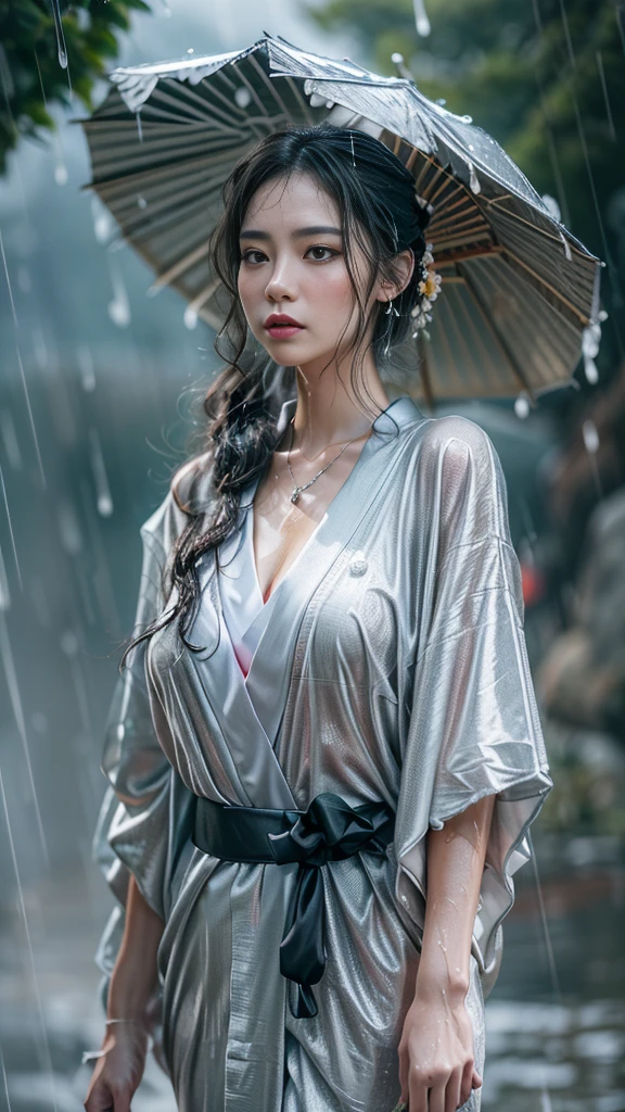 (RAW shooting:1.5, Photorealistic:1.5, 16k, highest quality, masterpiece, Ultra-high resolution), (heavy snow), Perfect dynamic composition:1.2, (On a cliff on a precipitous cliff, Great background, Expressions of sadness:0.9), Highly detailed skin and facial textures:1.3, Slim woman wet with rain:1.2, Buckshot, Fair skin:1.2, Sexy beauty:1.1, Perfect Style:1.2, beautifully、aesthetic:1.1, Very beautiful face:1.2, Water droplets on the skin, (Rain dripping down on my body:1.1, Wet body:1.1, Wet Hair:1.1), (Professional kimono dressing:1.1, With a wet bouquet:1.2, The correct way to wear a wet silver kimono:1.3), (Shapely breasts, Chest gap),  (Beautiful erotic eyes:0.8, Beautiful, erotic lips:0.8), (Too erotic:0.9, Fascinating:0.9), necklace, Earrings, bracelet