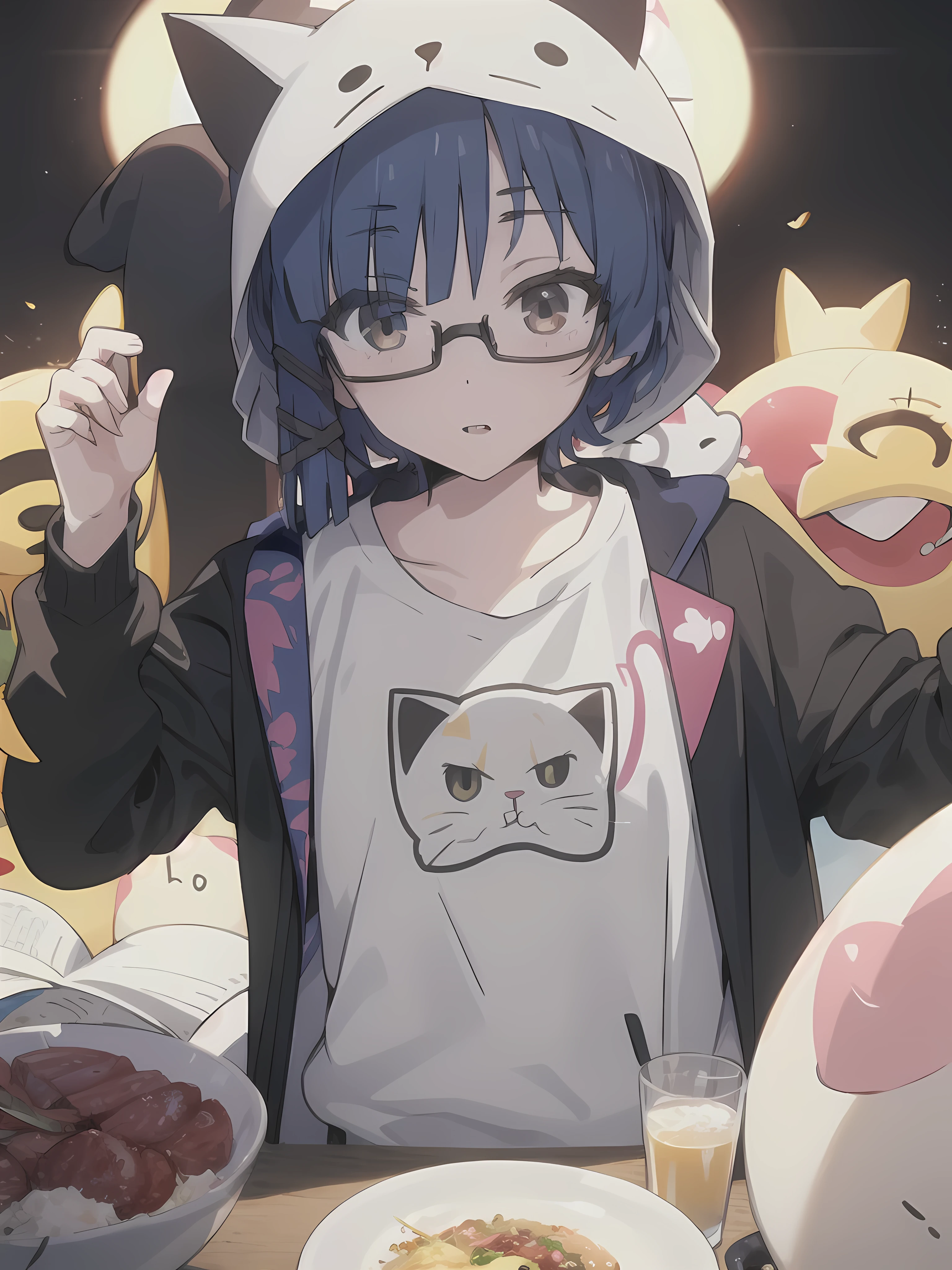 (masterpiece, best quality), 1girl, beautiful face,  cat hoodie,  glasses,white shirt, short over long sleeves,yamada ryo,hair ornament