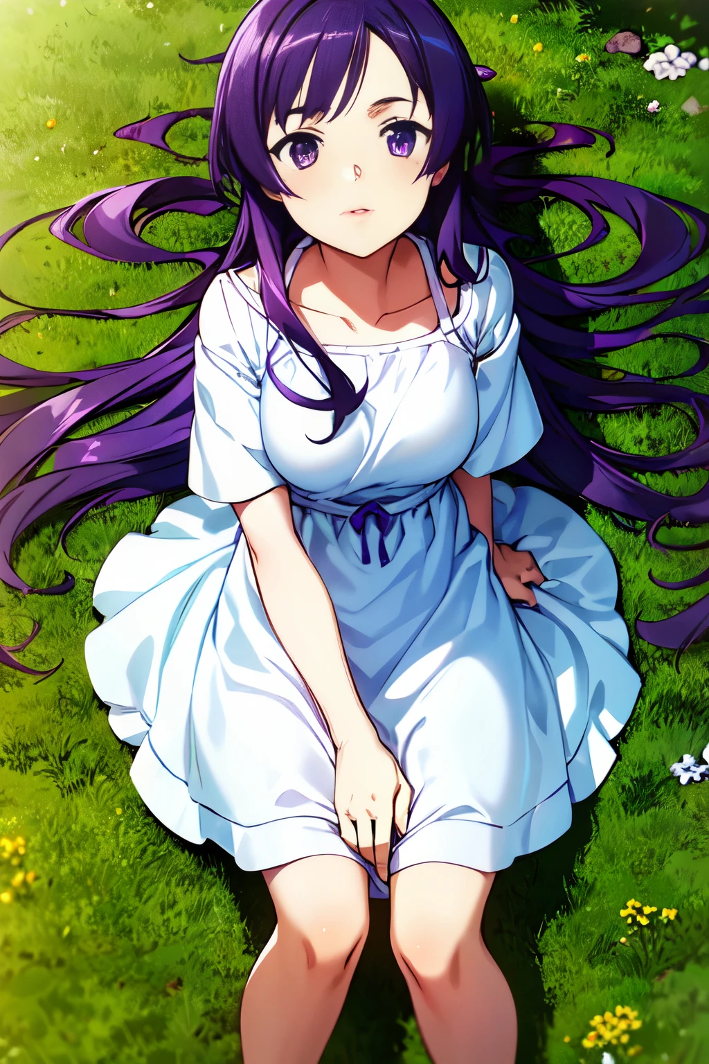 1 girl, Dark purple hair, Long Hair, Right-parted bangs, purple hair, purple eyes, parted lips, anime, anime style, from above, UHD, UHD, masterpiece, super detail, high quality, best quality
