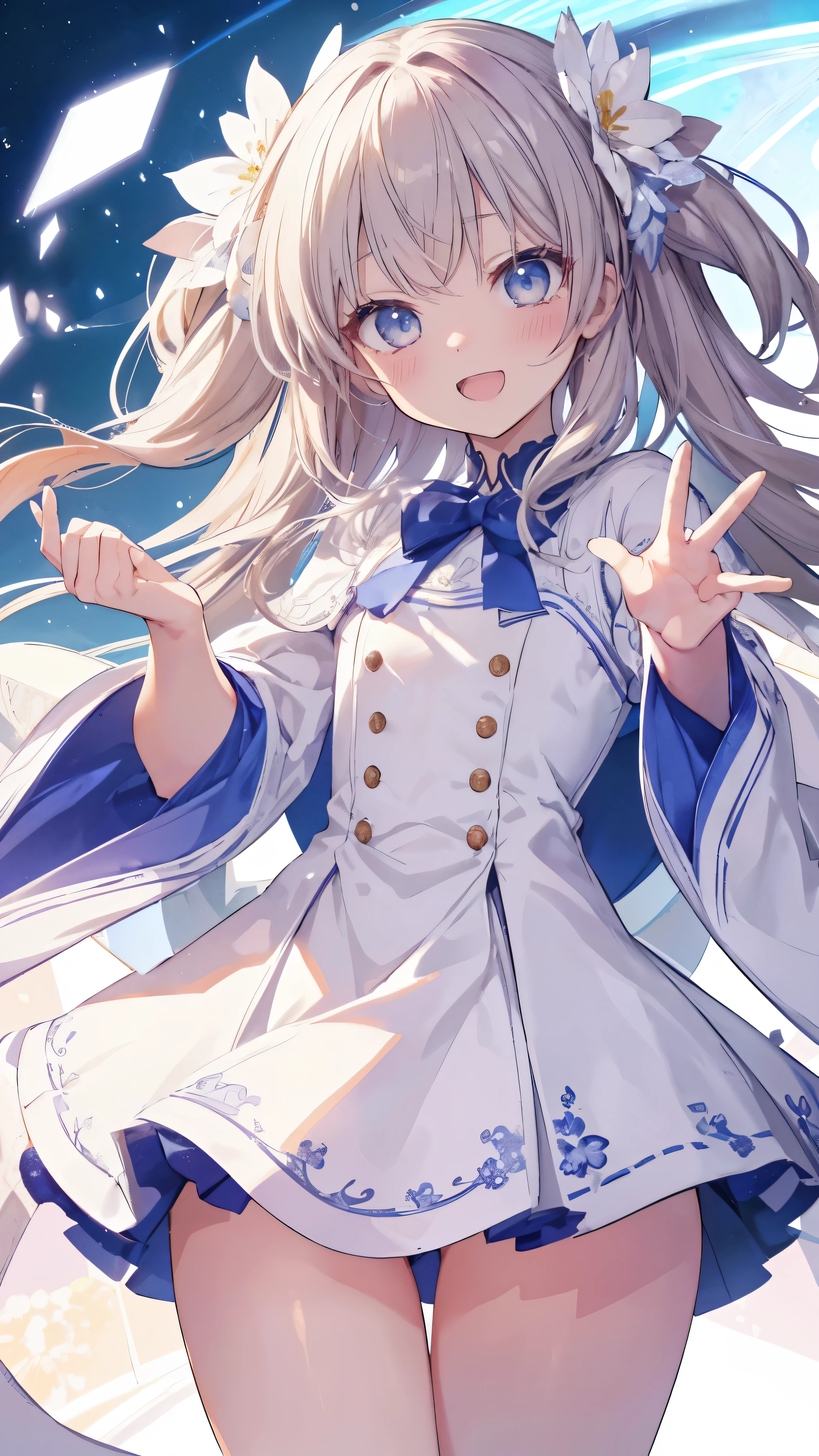 Masterpiece、Highest quality、highest quality、(Open Mouth Smile)、Shiny hair quality、Small face、Dynamic pose、Super detailed, beautiful, wide eyes、Ultra-detailed, clear and beautiful faces、(cute illustration:1.2), High-resolution, ultra-detailed, best quality, embarrassed、Thighs, Awards, Anatomically correct