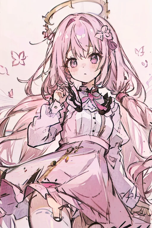 A pink haired woman with violet eyes with an hourglass figure in a cute ta dress is blushing in a flurry of peony petals