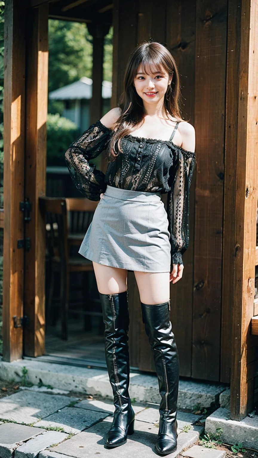(8k、RAW Photos、highest quality、masterpiece:1.2)(Realistic、Realistic)、1 girl、((Off the shoulder、See-through、Bustier、Large Breastini skirt、boots、smile、Model pose、Are standing、garden、Turned to the side))