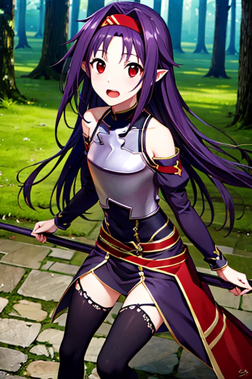 yuukikonno, yuuki konno, hairband, long hair, standing, pointy ears, purple hair, (red eyes:1.5), (small breasts:1.2), open mouth, BREAK black thighhighs, detached sleeves, thighhighs, dress, purple dress, armor, purple armor, BREAK looking at viewer, upper body, full body, BREAK outdoors, forest, nature, BREAK (masterpiece:1.2), best quality, high resolution, unity 8k wallpaper, (illustration:0.8), (beautiful detailed eyes:1.6), extremely detailed face, perfect lighting, extremely detailed CG, (perfect hands, perfect anatomy)