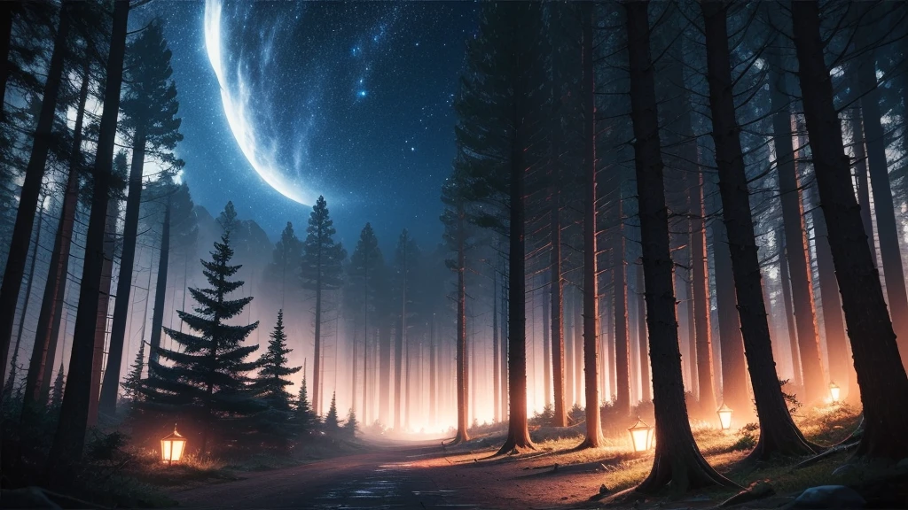 (masterpiece), best quality, anime background, ((dark lighting)), ((night time)), (((night sky))), forest