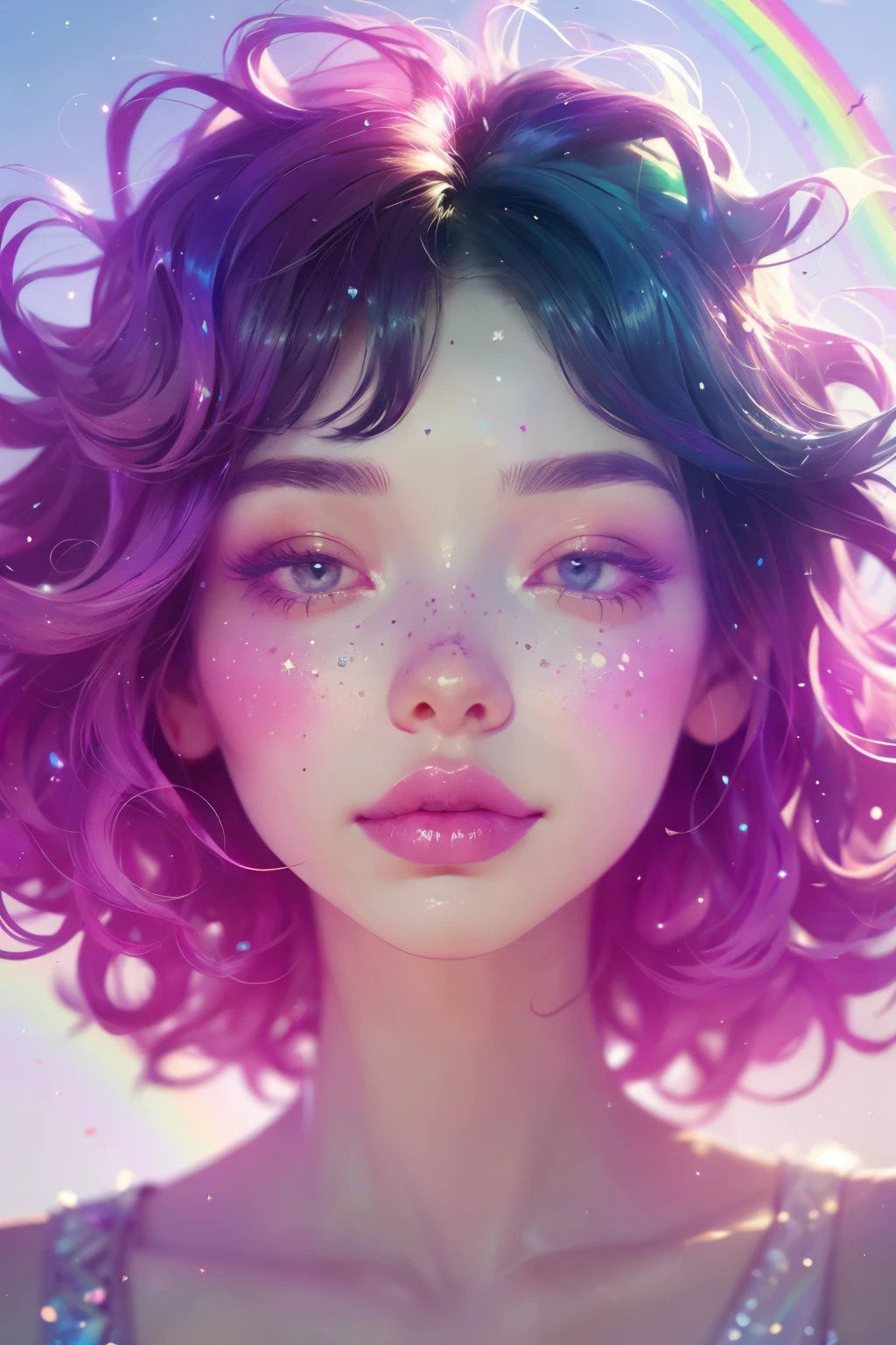 (This is a beautiful rainbow fantasy image that feels interesting and emphasizes glitter and iridescence.) Generate a ((blind)) curvy woman with colorful curly hair and milky white eyes. Her face is important and is perfectly formed with puffy lips and perfect features. (Her eyes are critically important and are (blank) and (solid white)). The image exudes ethereal beauty and soft fantasy. Include sweet and detailed birds and soft, luminous flowers in all the colors of the rainbow. The image's background is decorated in shades of pink, shimmer, glitter, and fantasy details like colored bubbles and cosmos. Utilize dynamic composition to create a compelling and action-packed image. Dramatic lighting and cinematic lighting enhance the woman's beauty and the soft colors in the artwork. (((((Perspective: head on.))))) Include fantasy, cute, colorful, colourful, interesting magic background, ((((blank eyes)))), ((((empty white eyes)))), (shirome eyes:1.3), (smirking), (perfectly rendered solid whiteeyes), ((birthmark on lip)), ((pretty lips)), beautiful background, complex background, sweet background, (((rainbow)))