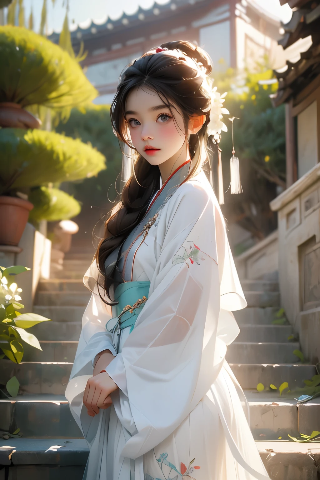(masterpiece), (best quality), RAW photo, girl, Hanfu, white Hanfu, simple Hanfu, stand, white flowers background, stair, outdoor