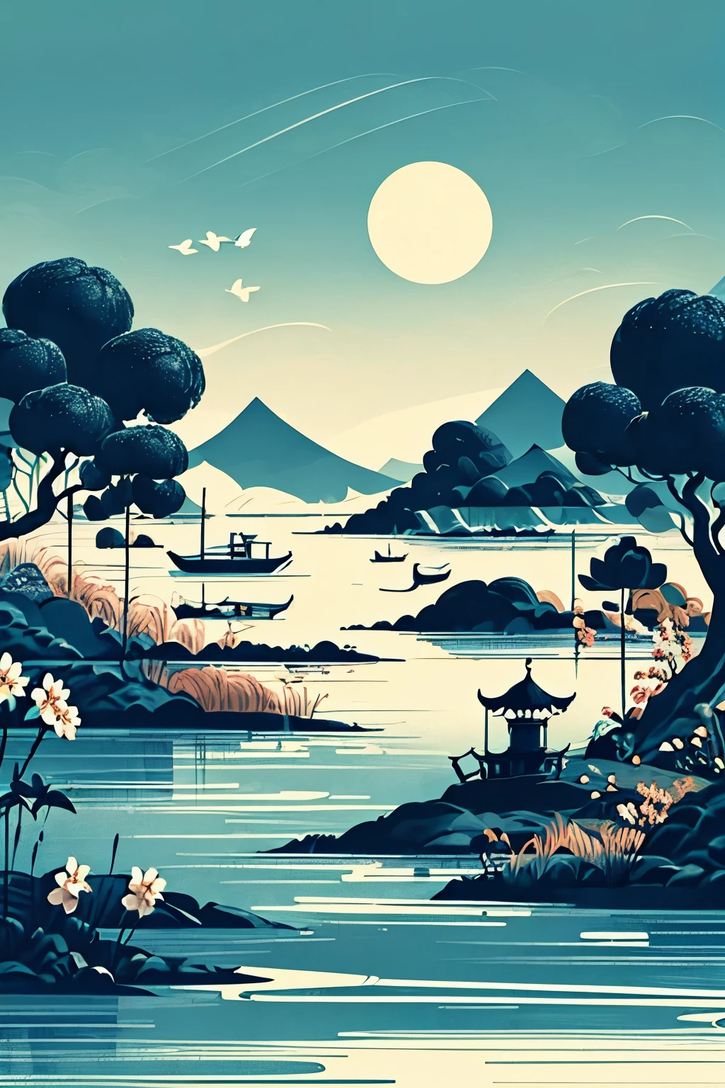 Art Deco Minimalist Chinoiserie, Vintage Muted Color Moonlight River Flower 16:9
- An elegant scene of serene tranquility under the soft glow of the moon, with River Flower elements delicately blending into the Art Deco aesthetic.
- The muted colors of the Chinoiserie style cast an ethereal atmosphere, as if a glimpse into a dream-like past.
- The 16:9 composition frames the vintage riverside scenery, with moonlight gently bathing the flowers and creating a minimalist yet visually stunning piece.
- The overall look is reminiscent of a bygone era, with the moon