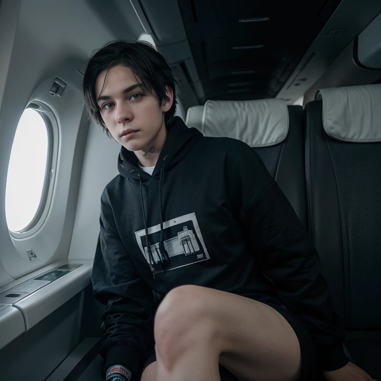 Polish emo boy short dark brown hair, blue-gray eyes, very white complexion, similar to the character Dominik Santorski from the movie Suicide Room, dressed as an emo from 2000, Height 1.91 cm Do it to him  Sitting on the plane thinking happily about seeing his girlfriend, make her a black sweatshirt 