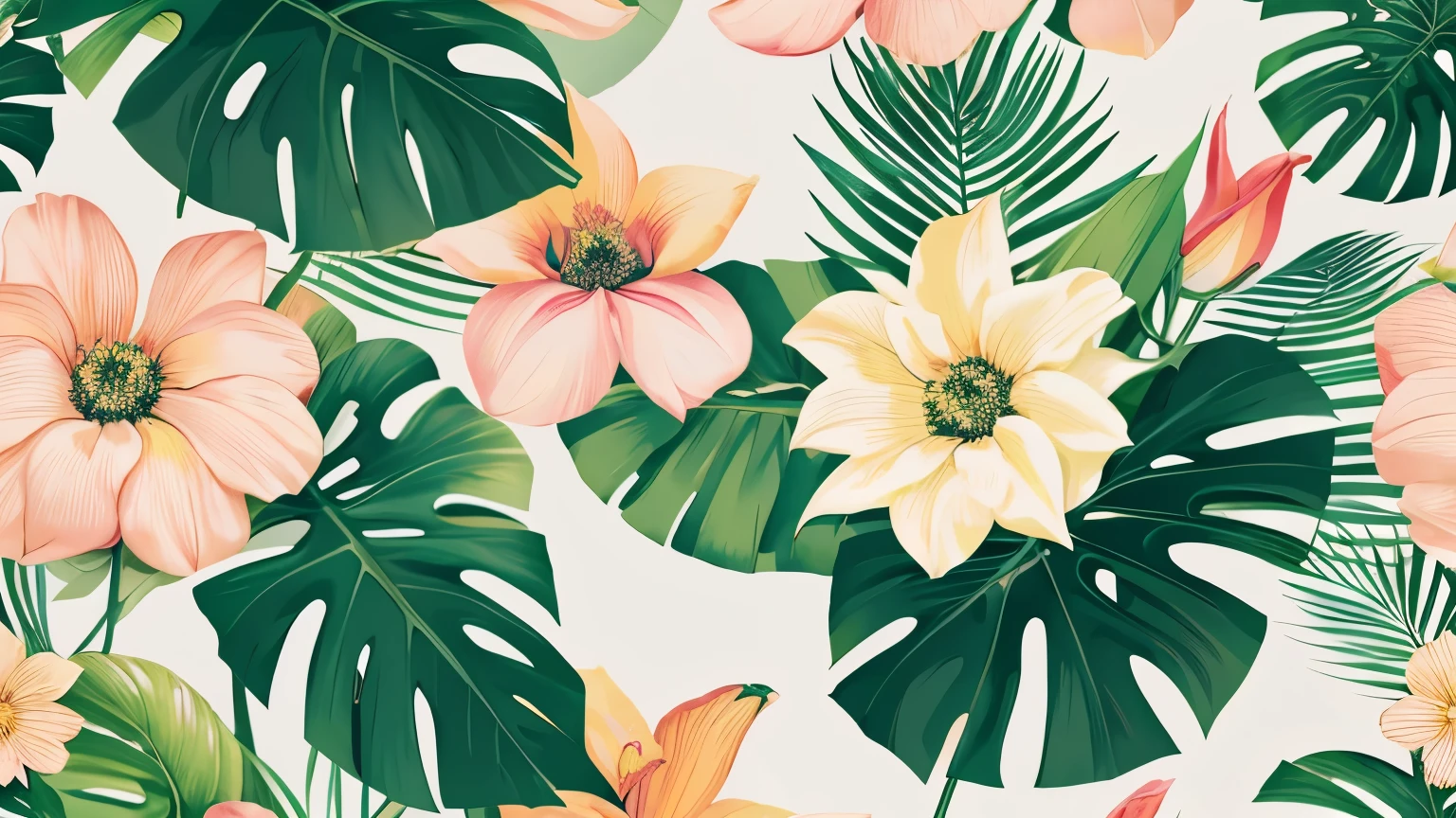 Transform your space with a creative and visually descriptive multi-colour graphic pattern of tropical florals, rendered in a variety of styles from abstract to realistic
