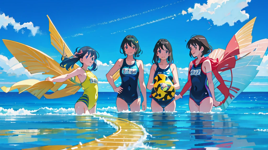 anime、Vibrant colors、In the water、Uplifting、Three beautiful girls swimming in the ocean at 100km per hour、Bright swimsuit、Bright eyes、Sparkling eyes、Large Breasts、An innocent smile、100 vibrant tropical fish、1000 glittering particles、100 butterflies swimming in the water