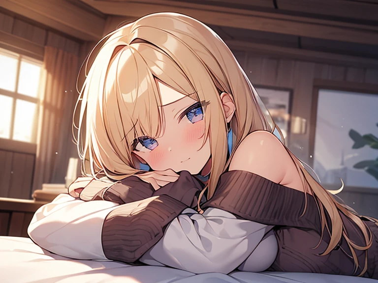 Masterpiece, Top quality, (1 beautiful girl :1.2), Blonde, medium hair, wave hair, 24 year old, medium breasts, standard weight, off shoulder sweater dress, (sleepy:1.2), (narrowed eyes:1.3), nose blush, drunk, hands up, elbows on bed, face palm, beautiful scene of hotel, blurry background, magnificent panorama view, from below, lying on her stomach