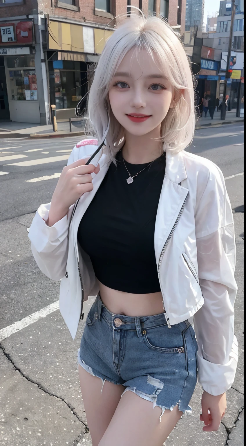 Best image quality、RAW Photos、超A high resolution、21 years old Korean、Small breasts、Dynamic Angle、Cowboy Shot、Chaos in its most beautiful form、elegant、Brutalist Design、Vibrant colors、Beautiful white hair、Short Bob、smile、fun、smile、Glowing White Skin、Beautiful eyes with random colors、Very thin lips、Beautiful eyes in every detail、length, Narrow eyes、Cheeks are pale pink、length eyelashes、Beautiful double eyelids、eye shadow、Bright white hair、Black cropped top、See-through jacket、See-through、hot pants、denim。city、Photographed from diagonally above、Selfie、The wind is blowing、