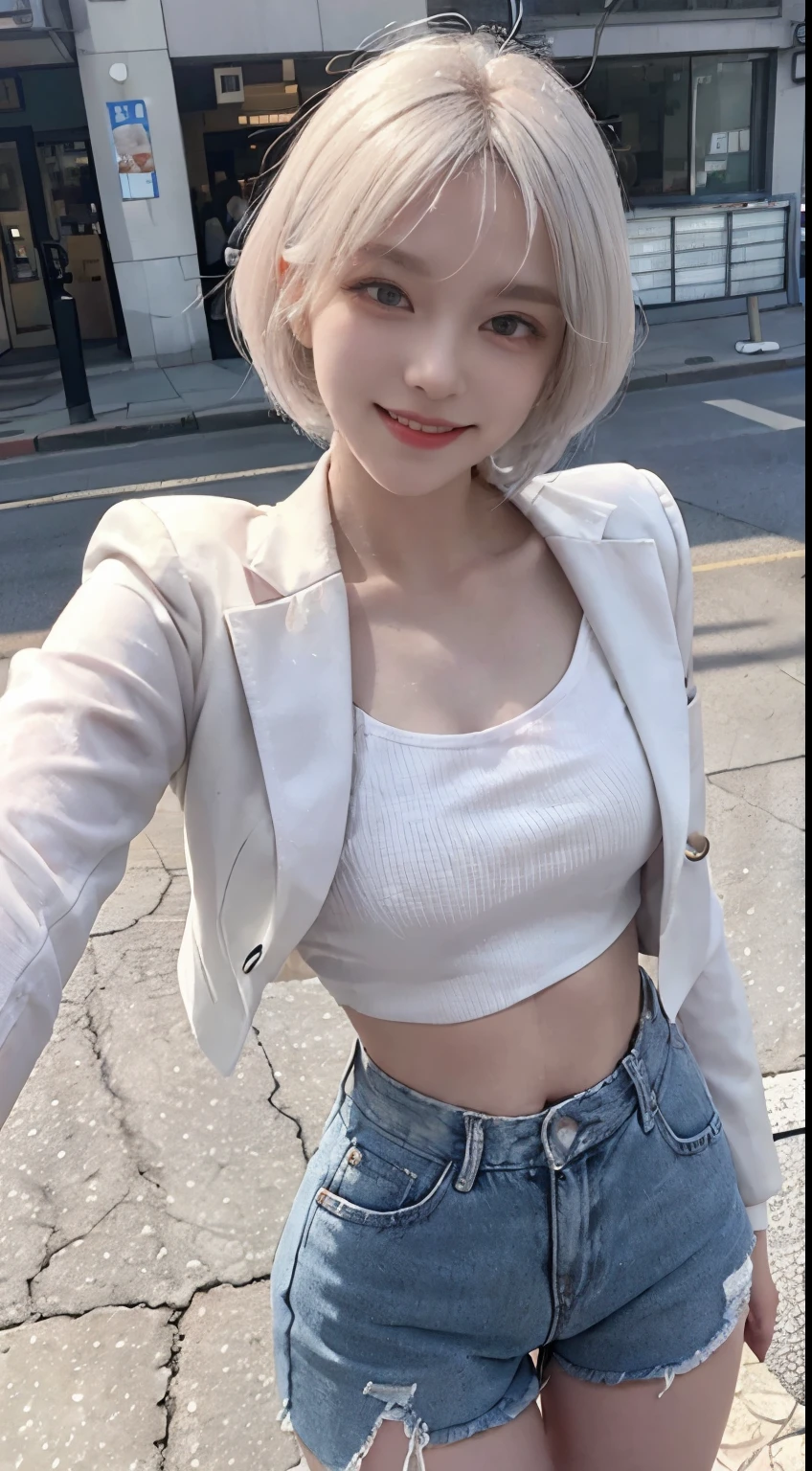 Best image quality、RAW Photos、超A high resolution、21 years old Korean、Small breasts、Dynamic Angle、Cowboy Shot、Chaos in its most beautiful form、elegant、Brutalist Design、Vibrant colors、Beautiful white hair、Short Bob、smile、fun、smile、Glowing White Skin、Beautiful eyes with random colors、Very thin lips、Beautiful eyes in every detail、length, Narrow eyes、Cheeks are pale pink、length eyelashes、Beautiful double eyelids、eye shadow、Bright white hair、Black cropped top、See-through jacket、See-through、hot pants、denim。city、Photographed from diagonally above、Selfie、The wind is blowing、