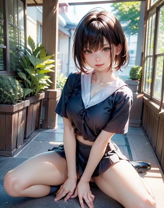 In 8K,highest quality,The true picture,Intricate details,超A high resolution,Depth Field,Masseter region,Natural soft light,Professional Lighting,1 girl,(cute:1.2),Very beautiful 17 year old girl,Fine grain,((Brown eyes)),(Black Hair),(short hair),(bangs),Perfect Skin,Shiny skin,Pure white skin,Fine skin ((Very large and ample breasts)),((Perfect Anatomy,Nice hands,Perfect hands,Five fingers connected to the palm,Precise needles without discomfort)),Perfect Bare Feet,Delicate legs,Perfect balance,sexy,I can see your chest,((Japanese Uniform)),((Uniform Mini Skirt)),(White shirt)(((Her breasts are so big they could tear the front of her shirt)))Black socks,Chano Leather Shoes,Lurking deep in the city,I can see your crotch,Show me your panネクタイs in the street,Both legs are bent,Spread your legs in an M shape,,I can see your pants,Thin thighs when viewed from the front