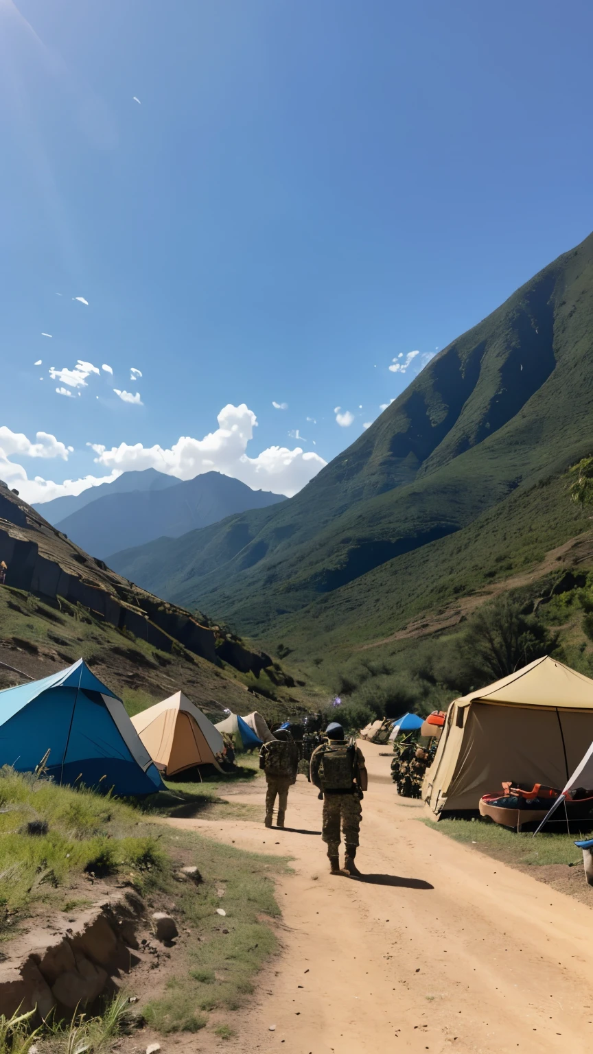 Imagine a camp located in the mountains of Colombia. Es un lugar remoto y boscoso, con una mezcla de naturaleza verde y terreno rocoso. Hay varias camionetas todoterreno y motocicletas estacionadas en un claro, all of them adapted for crossing difficult terrain.A lo largo del campamento, puedes ver varios hombres armados con fusiles y pistolas, some of them checking maps and others guarding the perimeter. They are dressed in camouflage uniforms and are wearing tactical vests. En el fondo, there are makeshift tents and some barrels that serve as tables and chairs.En el centro de la escena, a man stands out as the leader. Is standing, distracted, Looking towards the mountains. Es un hombre de mediana edad, con un semblante duro y decidido. Lleva una boina y un brazalete que lo identifica como el comandante del grupo. on your belt, tiene una pistola y un cuchillo, y a su lado, apoyado en una roca, un rifle de asalto.This leader seems thoughtful, as if you were evaluating the next operation or simply taking a moment to reflect on your situation. Sus hombres respetan su espacio, but they keep a watchful eye on him and the camp, always alert for any sign of danger. but he is a drug trafficker I know as the cholo because of his mestizo color