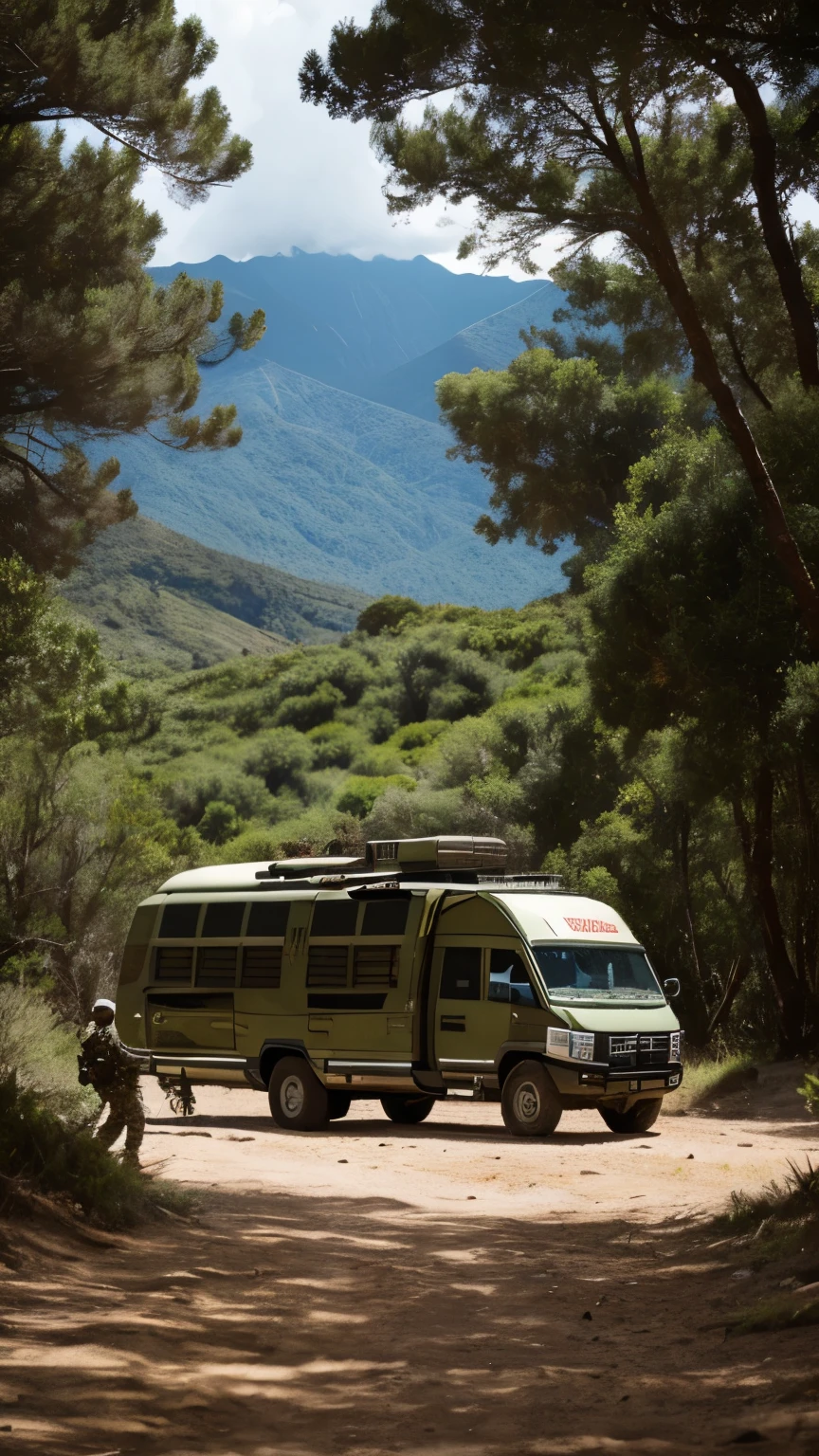 Imagine a camp located in the mountains of Colombia. Es un lugar remoto y boscoso, con una mezcla de naturaleza verde y terreno rocoso. Hay varias camionetas todoterreno y motocicletas estacionadas en un claro, all of them adapted for crossing difficult terrain.A lo largo del campamento, puedes ver varios hombres armados con fusiles y pistolas, some of them checking maps and others guarding the perimeter. They are dressed in camouflage uniforms and are wearing tactical vests. En el fondo, there are makeshift tents and some barrels that serve as tables and chairs.En el centro de la escena, a man stands out as the leader. Is standing, distracted, Looking towards the mountains. Es un hombre de mediana edad, con un semblante duro y decidido. Lleva una boina y un brazalete que lo identifica como el comandante del grupo. on your belt, tiene una pistola y un cuchillo, y a su lado, apoyado en una roca, un rifle de asalto.This leader seems thoughtful, as if you were evaluating the next operation or simply taking a moment to reflect on your situation. Sus hombres respetan su espacio, but they keep a watchful eye on him and the camp, always alert for any sign of danger. but he is a drug trafficker I know as the cholo because of his mestizo color 