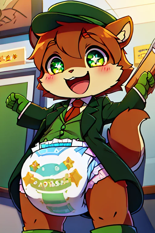 boy, squirrel, furry, bodyfur, blazer, diaper, green gloves, green boots, chibi, happy, sparkling eyes, school