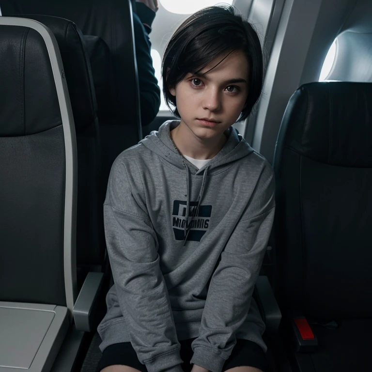 Polish emo boy short dark brown hair, blue-gray eyes, very white complexion, similar to the character Dominik Santorski from the movie Suicide Room, dressed as an emo from 2000, Height 1.91 cm Do it to him Sitting on the plane thinking happily, make her a black sweatshirt