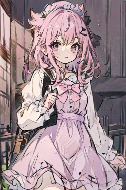 A pink haired woman with violet eyes with an hourglass figure in a cute lolita dress is exploring a cemetery with a smile