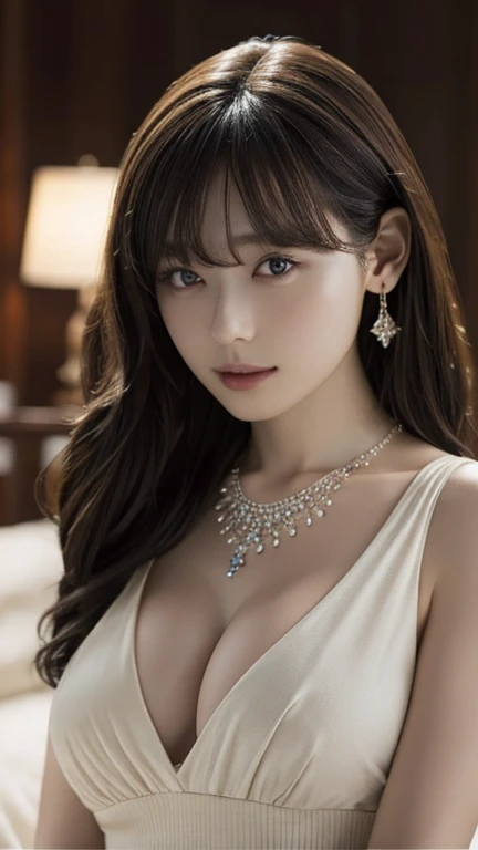 最high quality, masterpiece, High resolution, One Girl,whole body、dress,Cleavage,hair ornaments,necklace, jewelry,Beautiful Face,in addition_body, Tyndall effect,Realistic, Dark studio, Rim Light, Two-tone lighting,(Skin with attention to detail:1.2), 8K Ultra HD, Digital SLR, Soft lighting, high quality, Volumetric lighting, Frank, photograph, High resolution, 4K, 8k, Bokeh,