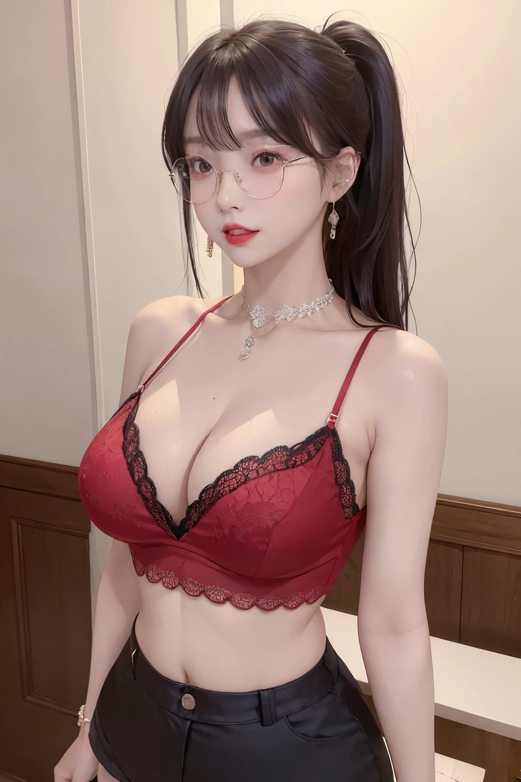A sexy and charming korea woman, legs thrown back, elegant and intellectual, confident and generous, exquisite and beautiful face, exquisite collarbone, charming fragrant shoulders, navel, full body wet photo, body facing the front, beautiful and exquisite pretty face, peach Red lips, fragrant shoulders slightly exposed, super big breasts looming, focus on the face, seductive and delicate collarbone, ultra-high resolution, tender and smooth skin, very realistic details, bokeh, Bright Background, ultra-high-definition, outstanding details, 8K, blushing face, Attractive collarbone, sexy shoulders, one person, wet bob hair, ponytail long hair, smile with teeth, clothes((luxury red lace crop top and lace boxers with deep cleavage, luxury necklace):1.2), high detail, shiny skin, (standing pose:1.5), glasses,