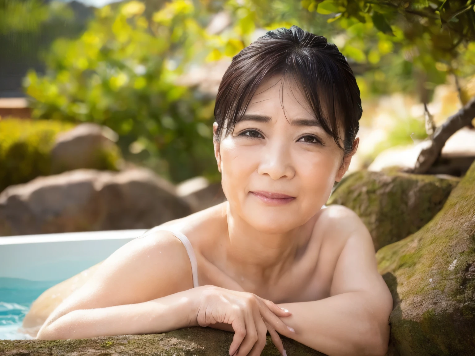 ((highest quality)), ((8K)), ((masterpiece: 1.3)), (Perfect appearance), (Photorealism: 1.6), (Open-air bath in the mountains: 1.2), (Bathtub surrounded by rocks: 1.2), (胸までお湯に浸かったJapanese Mature), (Detailed background), (Upper body portrait: 1.4), (60 years old, Japanese Mature), ((Realistic skin texture)), (Fine lines all over the skin), (Dull skin), (Facial wrinkles), (Wrinkles around the eyes), double eyelid, Tear bags under the eyelids, Calm expression, (Sweaty face: 1.2), Short bangs, Straight long hair, Updo, Steamy, damp hair, Stray hair hanging over face, 