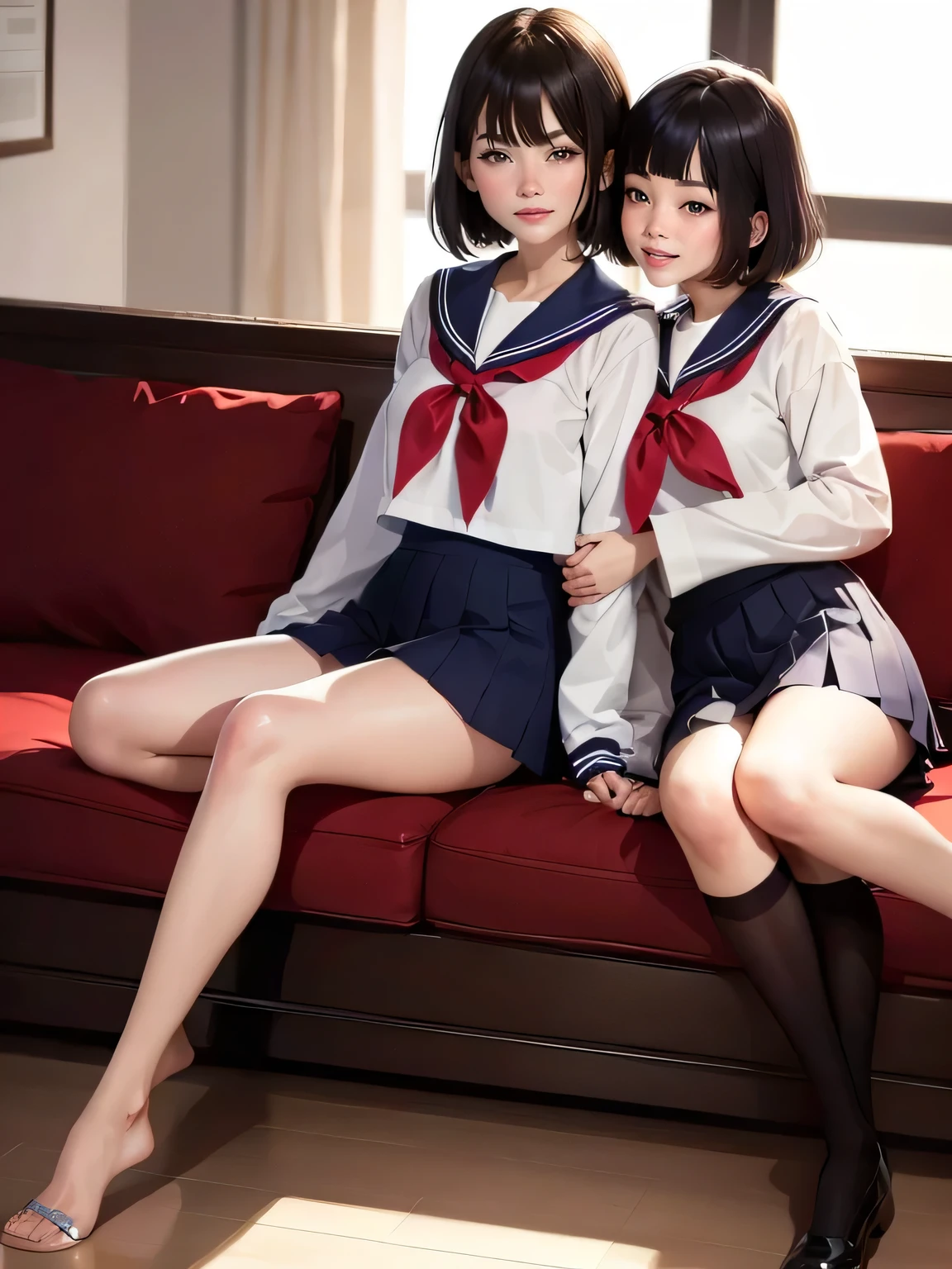 (top-quality、in 8K、32K、masterpiece、超A high resolution、Impresionismo、Photorealsitic:1.2)、Full body, Inside the classroom、Schools、Evening glow、beauitful face、blurry backround、16-year-old beautiful girl、shinny skin、bob cuts、Beautiful black hair、(Katyusha:1.2)、a sailor suit、Pleated miniskirt、Curve、dynamicposes、Smile with open mouth、Two girls, lying on sofa