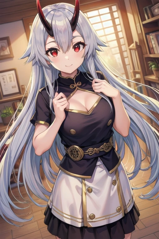 Masterpiece, best quality, tomoe gozen, torino style, 1person, red eyes, cute smile, hair between eyes, silver hair, very long hair, oni horns, looking at viewer, open blouse, short sleeves, skirt