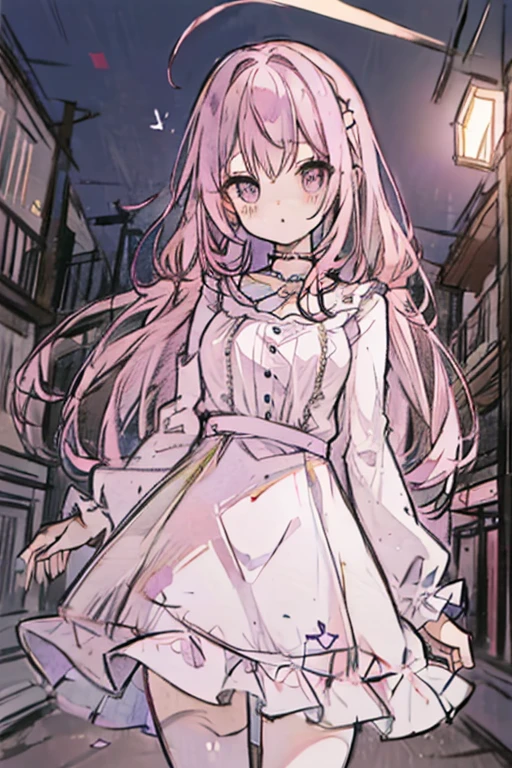 A pink haired woman with violet eyes with an hourglass figure in a cute lolita dress is exploring an abandoned building at night