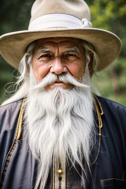 Elderly gold prospecting man with long white hair and a white beard