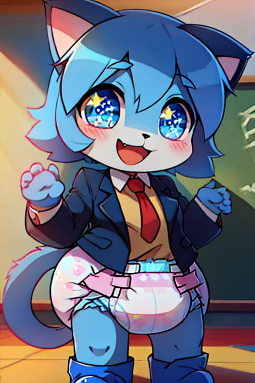 boy, cat, furry, bodyfur, blazer, diaper, blue gloves, blue boots, chibi, happy, sparkling eyes, school