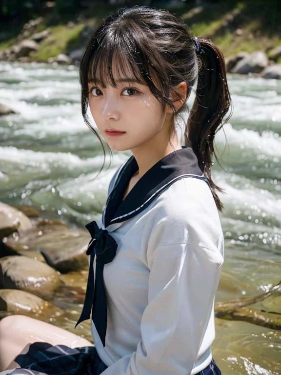(highest quality,masterpiece:1.3,Ultra-high resolution),(Very detailed,Caustics,8k),(Realistic:1.4,RAW shooting),18-year-old,Japanese,cute,Black short ponytail,笑顔でLooking at the cameraいる,Sailor suit,forward leaning posture,Waist up shot,Ultra-high definition 8K,highest quality,Very detailedな,masterpiece,Realistic,Rich details,Photographic realism,Very detailedな環境,Very detailedな照明,Very detailedな詳細,Photographic works,Long Hair,Painful expression,cry,目を開けてcry,(Lying in the cold river:1.5),Looking at the camera,Top view angle,