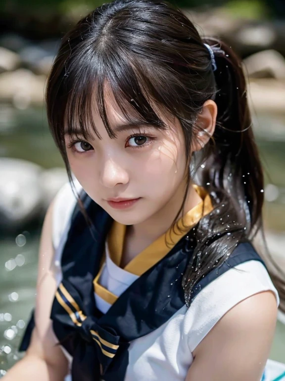 (highest quality,masterpiece:1.3,Ultra-high resolution),(Very detailed,Caustics,8k),(Realistic:1.4,RAW shooting),18-year-old,Japanese,cute,Black short ponytail,笑顔でLooking at the cameraいる,Sailor suit,forward leaning posture,Waist up shot,Ultra-high definition 8K,highest quality,Very detailedな,masterpiece,Realistic,Rich details,Photographic realism,Very detailedな環境,Very detailedな照明,Very detailedな詳細,Photographic works,Long Hair,Painful expression,cry,目を開けてcry,(Lying in the cold river:1.5),Looking at the camera,Top view angle,