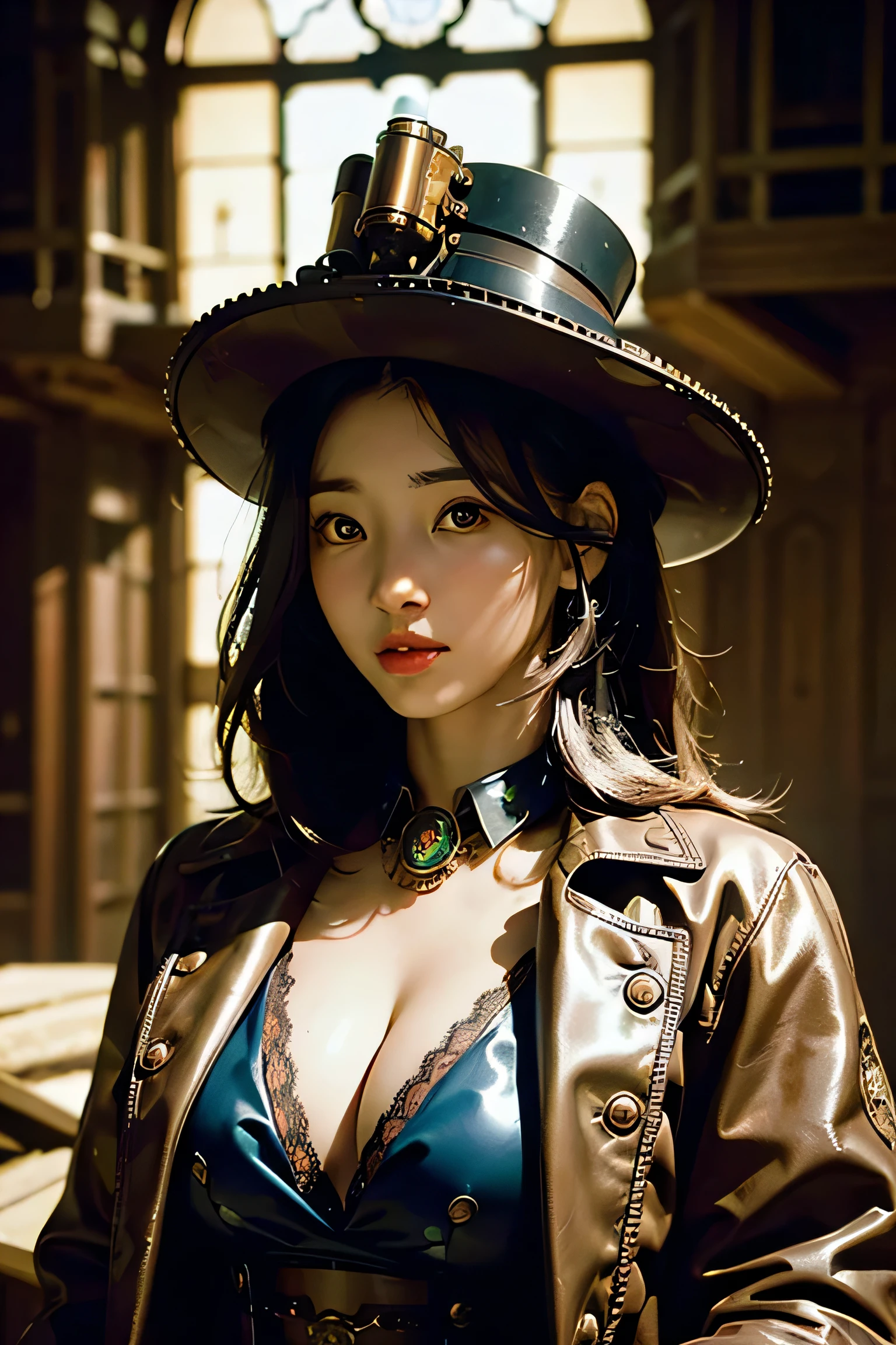 ((steampunk)), ((hyper-)), (8k, RAW photo, highest quality), (((fantasy))), (((sci-fi))), (((steampunk))) beautiful mature korean woman, black hair, hat, fancy shirt, medium breasts, jacket, in a Victorian library, 1890s style, ((steampunk costume)), (detailed eyes:0.8), (looking at the camera:1.4), (highest quality), (best shadow), intricate details, interior, darkened, light streaming through window, muted colors, (steampunk), hi-res photography, sci-fi